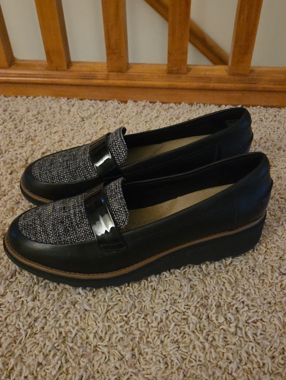 Clarks Black Loafers with Gray Tweed Upper and Patent Strap